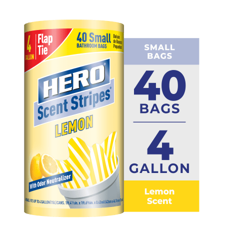 Hero Colored Plastic Garbage Bags, 4 Gallon, 40 Count, Lemon Scented, Odor Neutralizer, Flap Ties