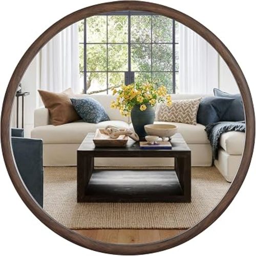 WallBeyond 32 inch Round Wall Mirror, Walnut Wood-Grain Foil Finish Circle Mirror, Tempered Glass Mirror for Bathroom, Entryway, Living Room, Bedroom and Vanity Decor