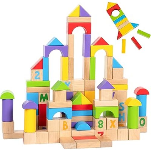 Alphabet Number Wooden Building Blocks Set -100 Blocks in 5 Water Paint Colors and 7 Shapes. Preschool Montessori Kids Baby Toys. Stacking Learning Toys for Toddlers. Age 18 Months +