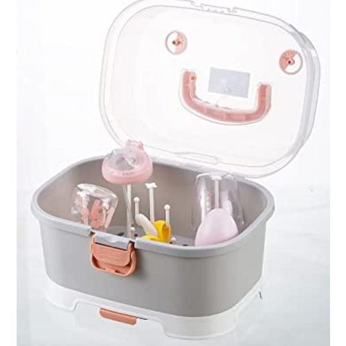 Zdolmy Baby Bottle Drying Rack Storage, Large Nursing Bottle Storage Box Organizer with Cover, Portable Kitchen Cabinet Organizer, Easy to Clean Drainer, Grey