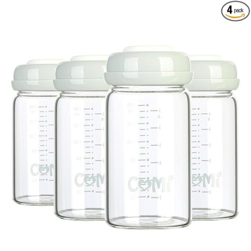 COMI Wide Neck Glass Breastmilk Collection n Storage Bottle, 4 Packs, 6oz with Screw Ring Sealing Disk; Re-markable Sealing Disc. BPA Free, Fits Breast Pumps & Nipples (4 Gray Lids) | Wide Neck, 4 Packs, BPA Free