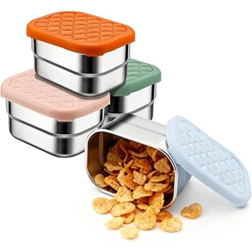 4 Pack Stainless Steel Snack Containers, 8 oz Chip Container for Lunch Box, Easy Open No Leakage, Small Snack Containers with Silicone Lid, Stackable Metal Lunch Box for Outdoor and Travel