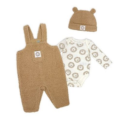 Baby Boys 3 Piece Faux Sherpa Lions Overall, Bodysuit, and Cap Set