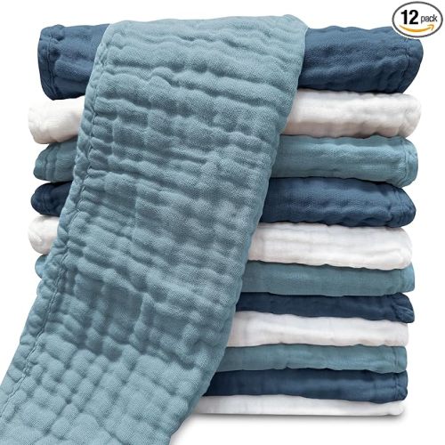 Muslin Burp Cloths for Baby 100% Cotton Burping Cloths for Unisex, Boy, Girl - Large 20'' by 10'' Newborn Essentials Ultra Soft Absorbent Milk Spit Up Rags - 12 Pack - White+Light Navy Series