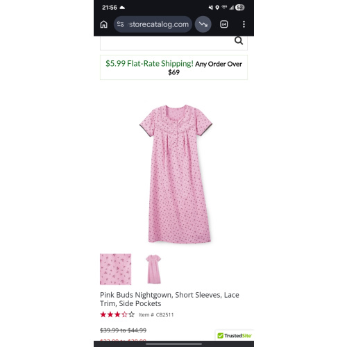 Pink Buds Nightgown, Short Sleeves, Lace Trim, Side Pockets