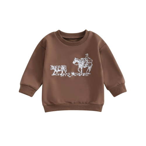 Wallarenear Western Baby Girl Boy Sweatshirt Cow Print Long Sleeve Oversized Pullover Tops