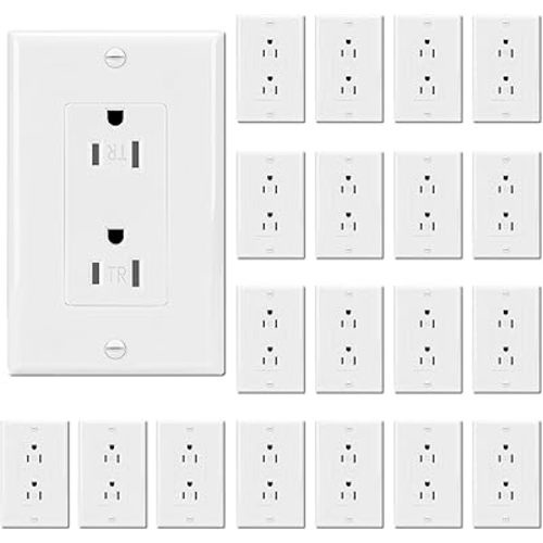 ThunderWay Decorator Wall Receptacle Outlet, Child-Safe Tamper-Resistant, Residential and Commercial Use, Wallplate Included, 15A/125V, 2 Pole 3 Wire, UL Listed, White (20 Pack)
