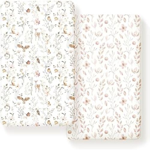 GRSSDER Stretch Ultra Soft Jersey Knit Fitted Crib Sheets Set 2 Pack，Fit All Standard Crib Mattress Pads Safe and Snug, Crib Fitted Sheet for Girls, Beautiful Blush Pink Floral and Cute Animals Print