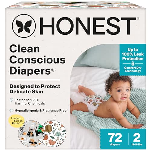 The Honest Company Clean Conscious Diapers for Delicate Skin | Up to 100% Leakproof | Hypoallergenic, Fragrance Free | Fall '25 Limited Edition Prints | Club Box, Size 2 (12-18 lbs), 72 Count
