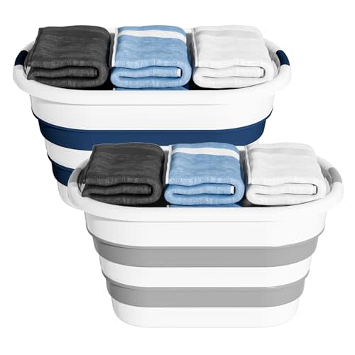 OOAMBB 43L Collapsible Laundry Baskets Plastic (Blue+Grey, 2 Packs) | 11.5Gallon Pop Up Laundry hamper/Storage Container, Foldable Laundry Basket with Large Capacity,Sturdy,Space Saver