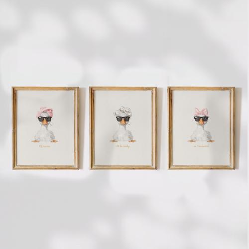 cute duck set of 3 cream and pink bathroom Wall Art Prints I'll be ready in 5 minutes, goose cool art print retro print vintage funky trendy