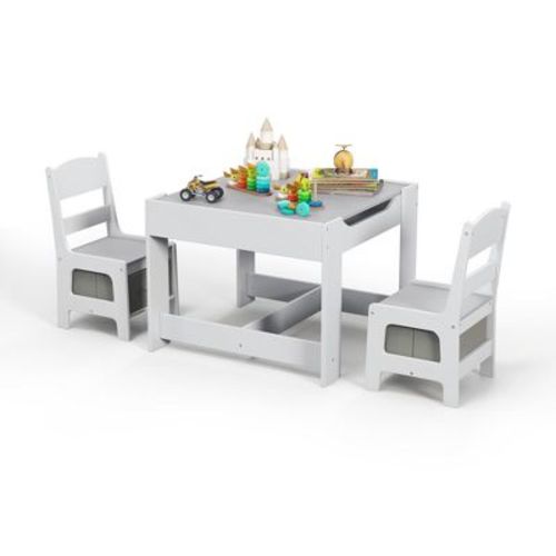 Costway Kids Table Chairs Set With Storage Boxes Blackboard Whiteboard Drawing Grey