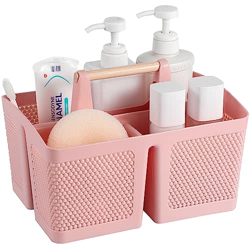 rejomiik Portable Plastic Shower Caddy with Bamboo Handle, Pink | Cleaning Caddy Organizer for Bathroom, College Dorm Room Essentials, Storage Tote