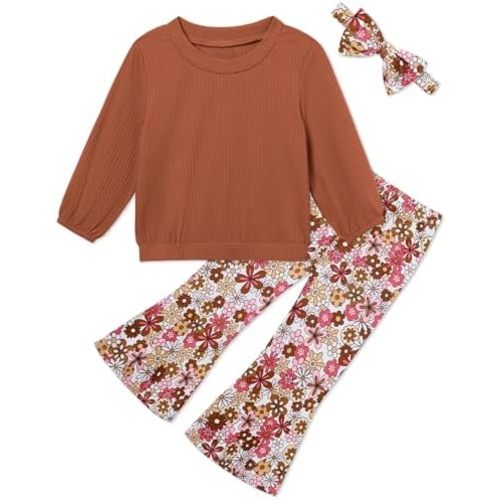 Toddler Girl Clothes Crewneck Long Sleeve Top+Floral Flared Pants Bell Bottom Outfits with Headband 1-6T