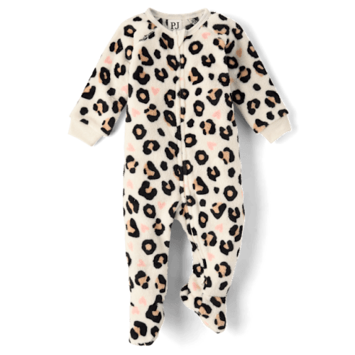 Baby And Toddler Girls Leopard Heart Footed One Piece Pajamas - Cozy Fleece - Cream