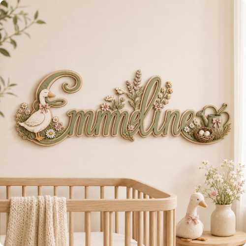 Custom Goose Nursery Name Sign, Personalized Wooden Baby Name Sign, Cottage Garden Wall Decor with Flowers, Girl Nursery Decor, Baby Gift