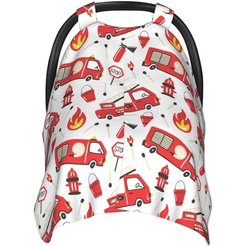 Baby Car Seat Cover for Babies Breathable Carseat Canopy for Newborn Nursing Scarf with Peekaboo Opening - Firefighter Cartoon Fire Truck fire White