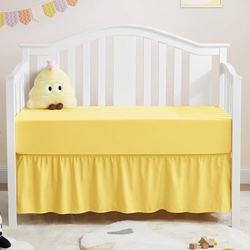 Horbaunal 2 Pack Set Crib Skirt & Crib Bed Sheet, Yellow Crib Bed Skirt 28" x 52" with 14" Drop Dust Ruffle, Soft Microfiber Toddler Bedskirt Nursery Bedding Skirt for Baby Girls and Boys