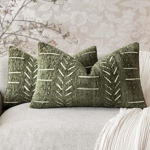 Home Décor Decorative Boho Chenille Throw Pillow Covers Neutral Lumbar Cushion Covers Textured Soft Farmhouse Pillowcase for Couch Sofa Chair Bed Living, 12×20 Inch, Set of 2, Olive Green