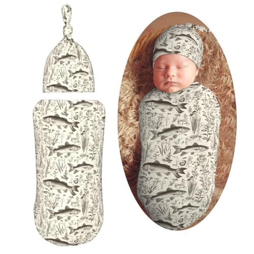 Muishi Vintage Bass Fishes Fishing Newborn Swaddle Blankets Hat Sets Soft Baby Receiving Blanket Swaddle Sack for Baby Shower Infant Boy Girl Gift