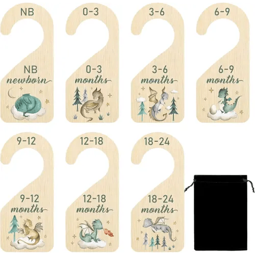 R HORSE Wooden Baby Closet Dividers - 8Pcs Dragon Baby Closet Organizer, Double-Sided Newborn Clothes Size Hanger Dividers, Nursery Decor Birthday Gift for Boy Girl (0-24 Months)