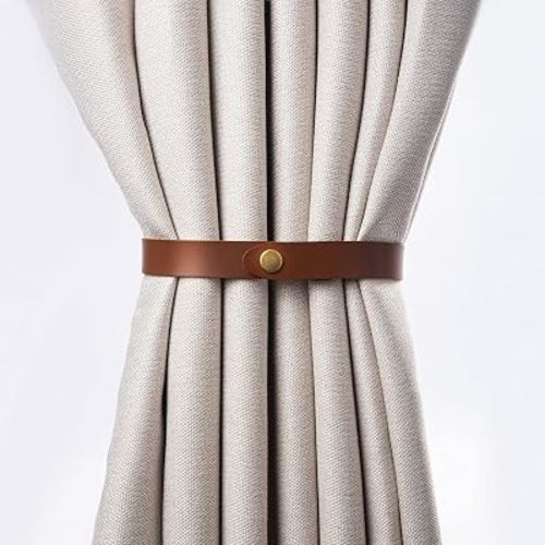 PU Leather Curtain Tiebacks, Ring Clips Curtain Holdabacks Buckle for Window Draperies of Home Hotel Curtain Holders, Rope Decoration Creative Curtains Ties Modern Minimalist Set of 2 (Light Brown)