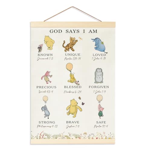 Winnie Biblical Affirmations Wall Art, The Pooh Canvas Wall Art Painting for Room, Wooden Hanging Rod Religious Gifts, Nursery Decoration For Boy or Girl