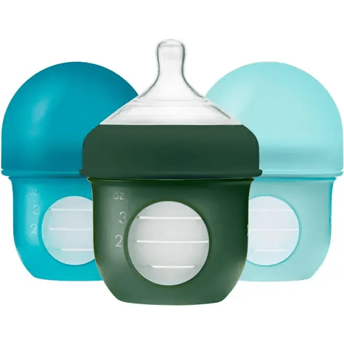 Boon Nursh Reusable Silicone Pouch Baby Bottles - Slow Flow Nipple - Silicone Baby Bottle Pouch and Nipple - Baby Feeding Essentials - Blue - 0-3 Months - 3 Count - 4 Ounce