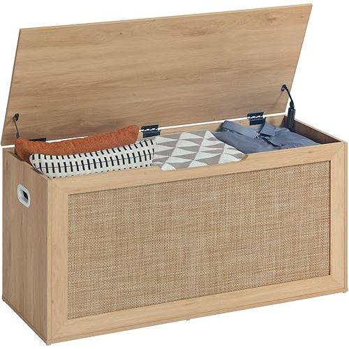 LEYAOYAO Storage Chest, 40" Rattan Toy Box, Wood Storage Bench with 2 Safety Hinges, Boho Toy Chest with Flip-Top, Sturdy Storage Trunk Easy Assembly, for Living Room, Bedroom, Entryway Natural