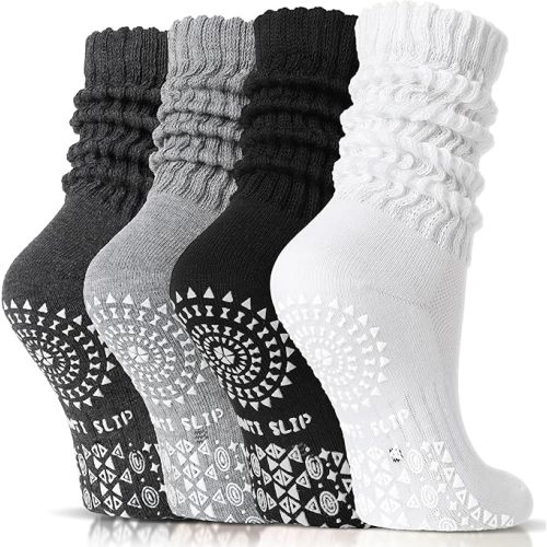 Sandsuced Pilates Slouch Socks with Grips Non Slip Yoga Socks Winter Warm Cozy Scrunch Boot Crew Slipper 4 Pairs for Women