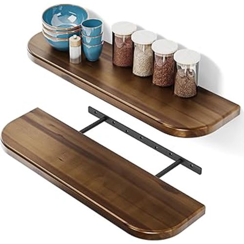 BATODA Set of 2 24” Acacia Floating Shelves for Wall (Round Edge) - Floating Bookshelf Wall - Storage Wood Shelves for House Decor, Kitchen, Bathroom - Brackets and Hardware Included (Walnut Color)