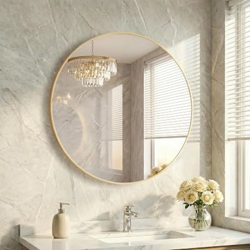 28 Inch Gold Round Bathroom Wall Mirror, Round Mirrors for Wall Decor, Circle Mirror for with HD Shatter-Proof Glass for Entryway, Living Room, Bedroom, Dressing Room, Home Decor