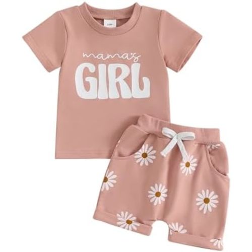 CIYCUIT Toddler Baby Girl Outfit – Short Sleeve Mama’s Girl Print T-Shirt & Daisy Shorts Set – 2-Piece Summer Clothes