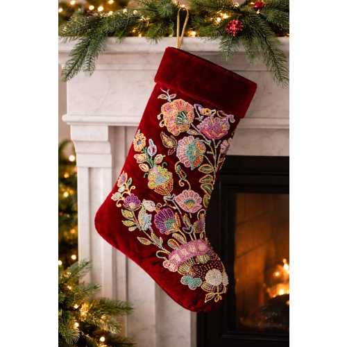 Luxury Green Velvet Christmas Stocking, Handmade Beaded Embroidery Stocking, Zardozi Holiday Decor, Premium Personalized Xmas - Primary color: Red