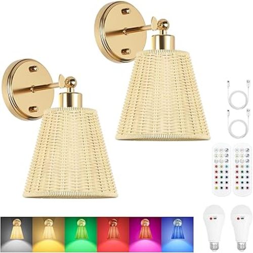 Frideko Swing Arm Rechargeable Battery Operated Wall Sconces Set of Two with Remote, RGB 15 Colors Dimmable Plastic Wall Light, 5200mAh Indoor Wall Lamp with 3 Timer, Boho Wall Lighting for Bedroom