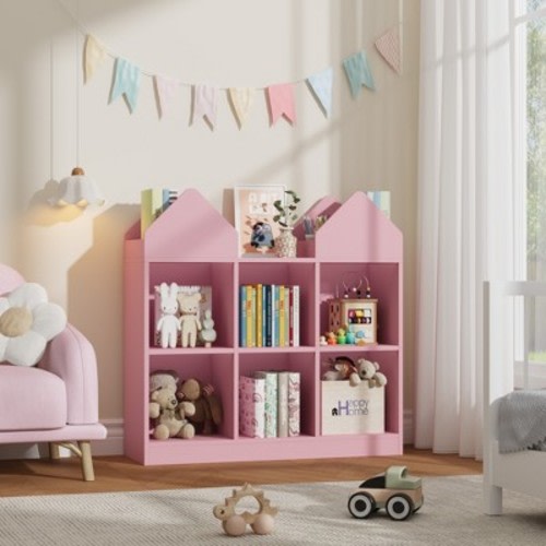 Kids Castle Cube Toy Storage Organizer, Wooden 6 Cubby Bookshelf with Anti Tip Device for Playroom or Bedroom