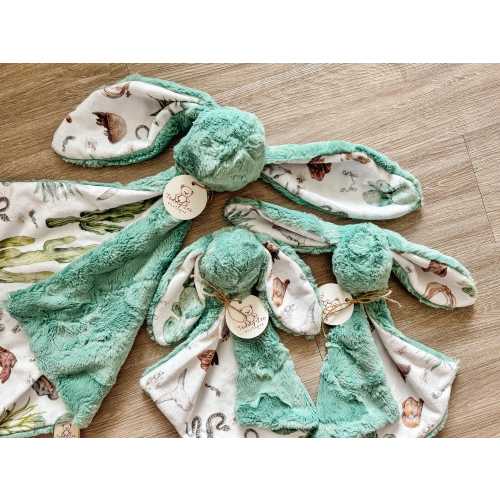 Western Bunny Lovey: Juniper Green Minky Baby Security Blanket with Cactus and Cowboy Print
