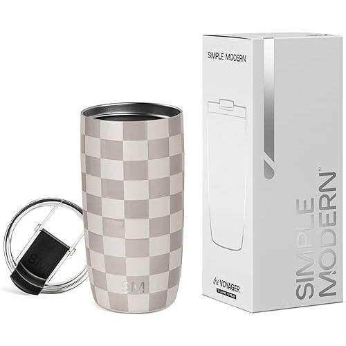 Simple Modern Travel Coffee Mug Tumbler with Flip Lid | Reusable Insulated Stainless Steel Cold Brew Iced Coffee Cup Thermos | Gifts for Women Men Him Her | Voyager Collection | 16oz | Checkmate