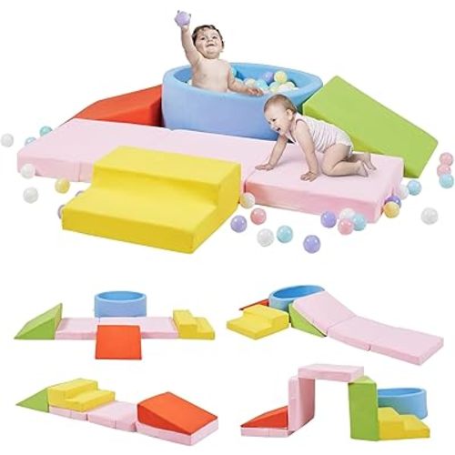 Foam Climbing Blocks with Ball Pit & Stairs for Toddlers Aged 1-3 -Soft Playset for Indoor Crawling, Foam Playground Set for Baby to Active Playing Inside -(Balls NOT Included),Multicolored