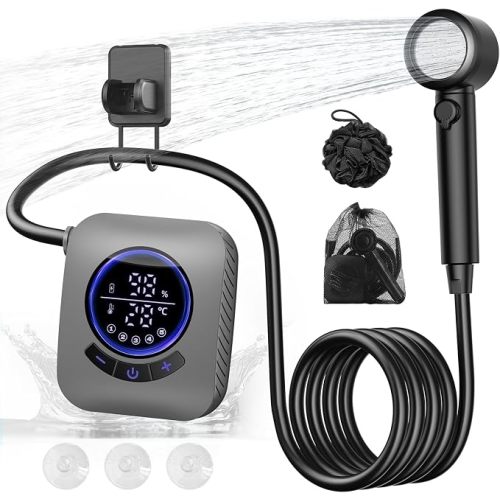 IGRL Portable Shower - 8000mAh Rechargeable Camping Shower Pump with Bath Sponge, 4 Spray Modes, IPX8 Waterproof, Ideal for Outdoor Camping, Travel, Car Washing, Pet Bathing, and Watering Plants