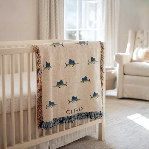 Personalized Sailfish Baby Blanket, Custom Name Ocean Animal Nursery Throw, Baby Shower Gift, Sailfish Lover Kids Room Decor for Boy or Girl