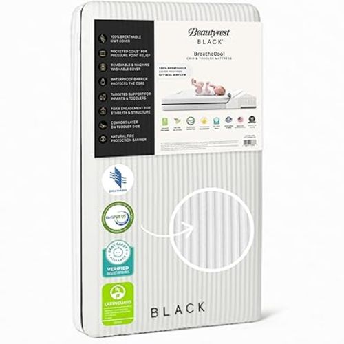 Beautyrest Black BreatheCool 2-Stage Crib and Toddler Mattress - Breathable & Machine Washable Cover - GREENGUARD Gold – Waterproof, White