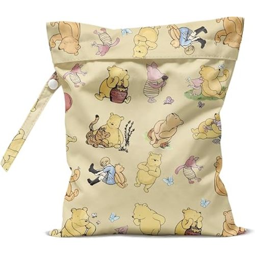 LONGXIN Classic Winnie Wet Bag Cute Bear Wet Dry Bag for Swimsuit, Travel, Beach, Pool, Cloth Diapers, Pump Parts, Gym Clothes, Zipper Waterproof Reusable Wetdry Packing Pouch
