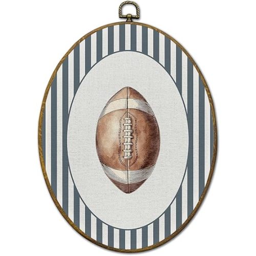 QZQE Vintage Football Nursery Oval Wall Art Decor Framed, Sports Oval Canvas Prints, Football Sports Striped Wall Hanging Decor for Kids Boy Nursery Room Bedroom Playroom, 8.6x11.4 Inch