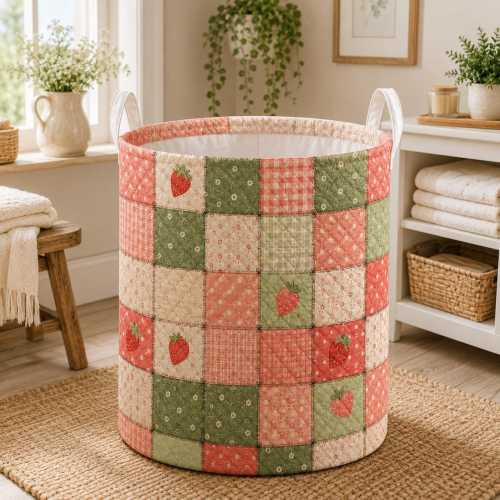 Strawberry Patchwork Quilted Laundry Basket, Cottagecore Storage Bin, Floral Fabric Hamper, Girls Nursery Organizer, Summer Home Decor