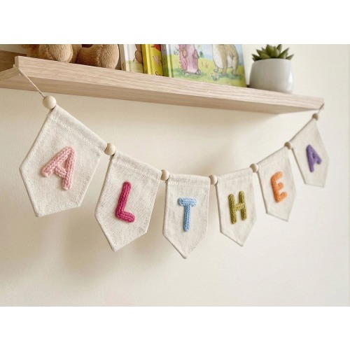 Custom Baby Name Banner, Personalized Yarn Letters on Canvas, Nursery Wall Decor, Kids Room Garland, Neutral Baby Shower Gift