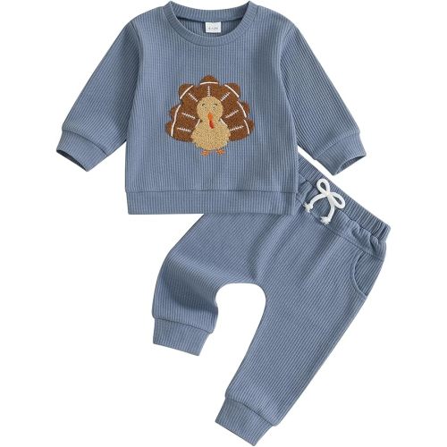 Fernvia Baby Boy Fall Winter Clothes Toddler St. Patrick's Day Outfit Dinosaur Embroidered Waffle Knit Sweatshirts Pants Set