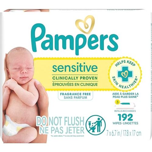Pampers Sensitive Baby Wipes, Clinically Proven, Fragrance Free, Unscented, Water Based, Hypoallergenic, Multi-Use, Hand Wipes 1008 Wipes Total (18X Flip-Top Packs) [Packaging May Vary]