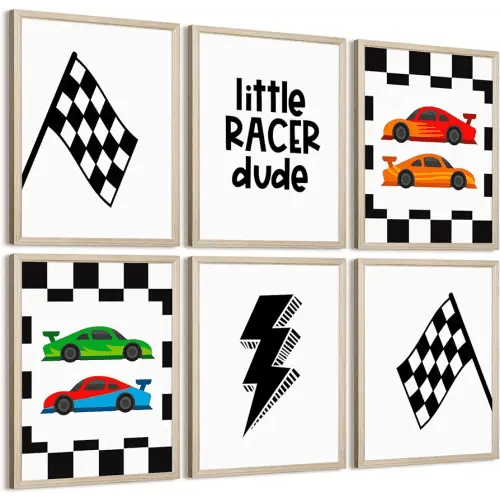 Race Car Wall Art Pictures Boys Room Wall Decor Nursery Toddler Canvas Wall Art Kids Playroom Art Prints Boys Race Car Poster Nursery Artwork Set of 6 for Bedroom 8x10 Inch Wood Framed