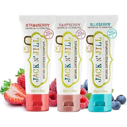 Jack N' Jill Natural Toddler Toothpaste - Fluoride Free Training Toothpaste for Toddlers 1-3, 40% Xylitol, BPA Free - 1.76 oz (Variety Pack of 3)